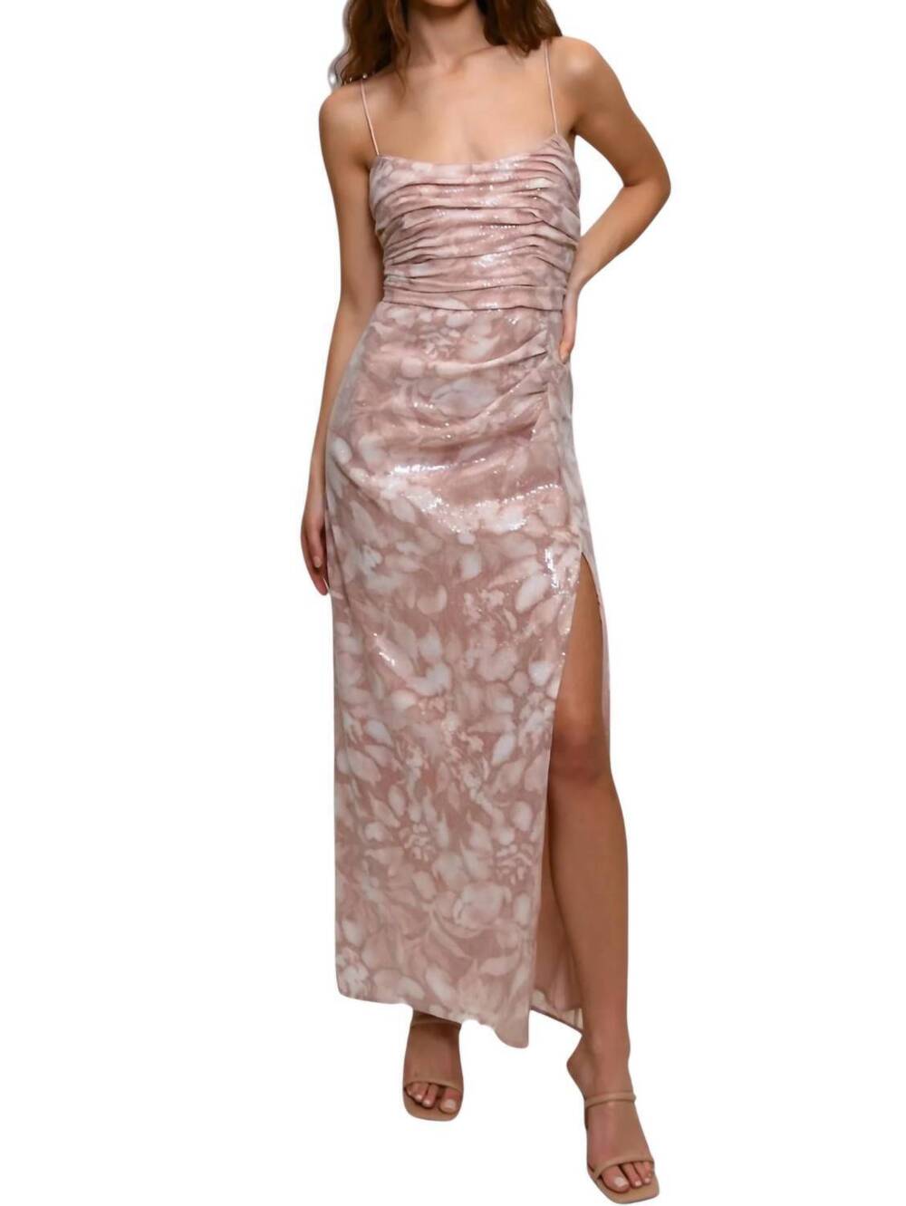 NEW HUTCH luxe maxi gown in sand shibori floral